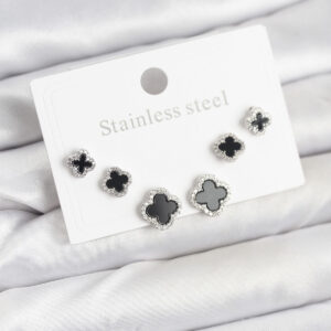 Tegan 316L Çelik Gümüş Renk Zirkon Taşlı Yonca Model Kadın Küpe Seti TG27BKP11587