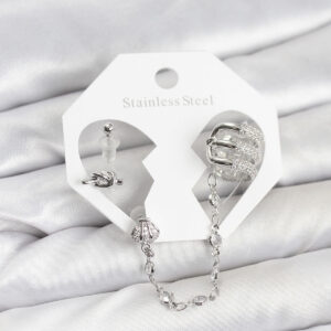 Tegan Pirinç Gümüş Renk Sarmal Model Zincir Bağlantılı Ear Cuff Küpe Seti TG27BKP11537