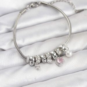 Tegan Pirinç Gümüş Renk Pembe Kalp Charmlı Kadın Bileklik TG27BB8190