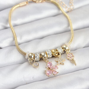 Tegan Pirinç Gold Renk Pembe Kelebek Charmlı Kadın Bileklik TG27BB8205