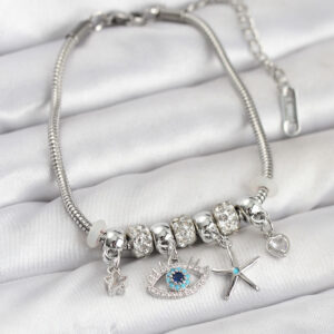 Tegan Pirinç Gümüş Renk Göz Model Charmlı Kadın Bileklik TG27BB8216