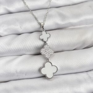 Tegan 316L Çelik Zincir Gümüş Renk Yonca Detaylı Zirkon Taşlı Kadın Kolye TG27BKO10828