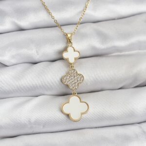 Tegan 316L Çelik Zincir Gold Renk Yonca Detaylı Zirkon Taşlı Kadın Kolye TG27BKO10829