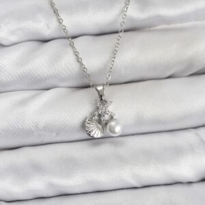 Tegan 316L Çelik Zincir Gümüş Renk Deniz Kabuğu ve Deniz Yıldızı Model Zirkon Taşlı Kadın Kolye TG27BKO10840