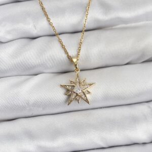 Tegan 316L Çelik Zincir Gold Renk Yıldız Model Zirkon Taşlı Kadın Kolye TG27BKO10844