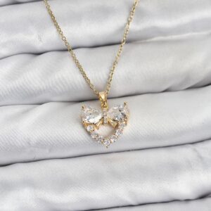 Tegan 316L Çelik Zincir Gold Renk Kalp ve Fiyonk Model Zirkon Taşlı Kadın Kolye TG27BKO10848