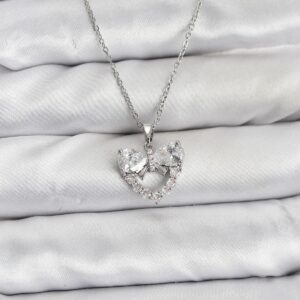 Tegan 316L Çelik Zincir Gümüş Renk Kalp ve Fiyonk Model Zirkon Taşlı Kadın Kolye TG27BKO10849