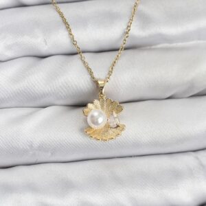 Tegan 316L Çelik Zincir Gold Renk İstiridye İnci Model Zirkon Taşlı Kadın Kolye TG27BKO10850