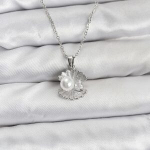 Tegan 316L Çelik Zincir Gümüş Renk İstiridye İnci Model Zirkon Taşlı Kadın Kolye TG27BKO10851