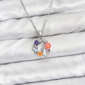 Tegan 316L Çelik Zincir Gümüş Renk Çiçekli Kedili Model Kadın Kolye TG27BKO10870