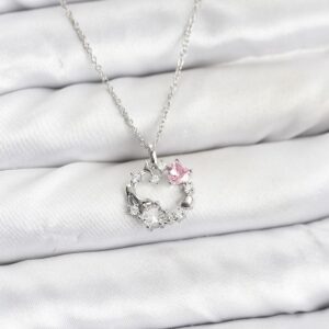 Tegan 316L Çelik Zincir Gümüş Renk Pembe Taş Detaylı Çelenk Model Kadın Kolye TG27BKO10902