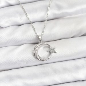 Tegan 316L Çelik Zincir Gümüş Renk Ay Yıldız Model Zirkon Taşlı Kadın Kolye TG27BKO10904
