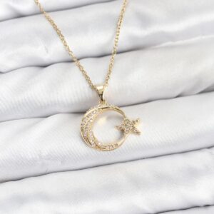 Tegan 316L Çelik Zincir Gold Renk Ay Yıldız Model Zirkon Taşlı Kadın Kolye TG27BKO10905