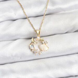 Tegan 316L Çelik Zincir Gold Renk Deniz Tema Model Zirkon Taşlı Kadın Kolye TG27BKO10909