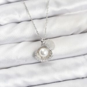 Tegan 316L Çelik Zincir Gümüş Renk İncili Deniz Kabuğu Model Zirkon Taşlı Kadın Kolye TG27BKO10910