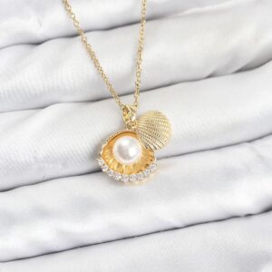 Tegan 316L Çelik Zincir Gold Renk İncili Deniz Kabuğu Model Zirkon Taşlı Kadın Kolye TG27BKO10911