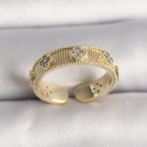Tegan Pirinç Gold Renk Zirkon Taşlı Yonca İşlemeli Ayarlanabilir Yüzük TG27BYK3545