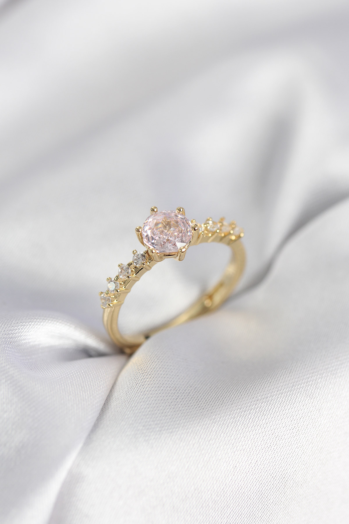 Tegan Gold Renk Pembe Tek Taş Model Zirkon Taşlı Kadın Yüzük TG27BYK3991 - Görsel 1