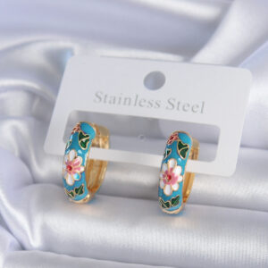 Tegan Pirinç Gold Renk Mavi Çiçek İşleme Detay Kadın Küpe TG27BKP7893