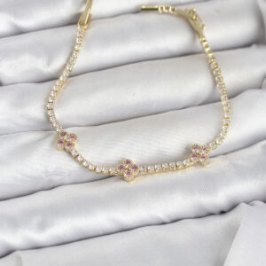 Tegan Pembe Yonca Detaylı Zirkon Taşlı Gold Renk Pirinç Su Yolu Kadın Bileklik TG27BB8327