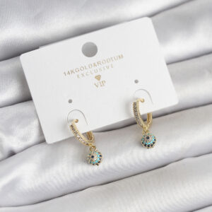 Tegan Minimal Nazarlı Model Gold Renk Zirkon Taşlı Kadın Küpe TG27BKP11642