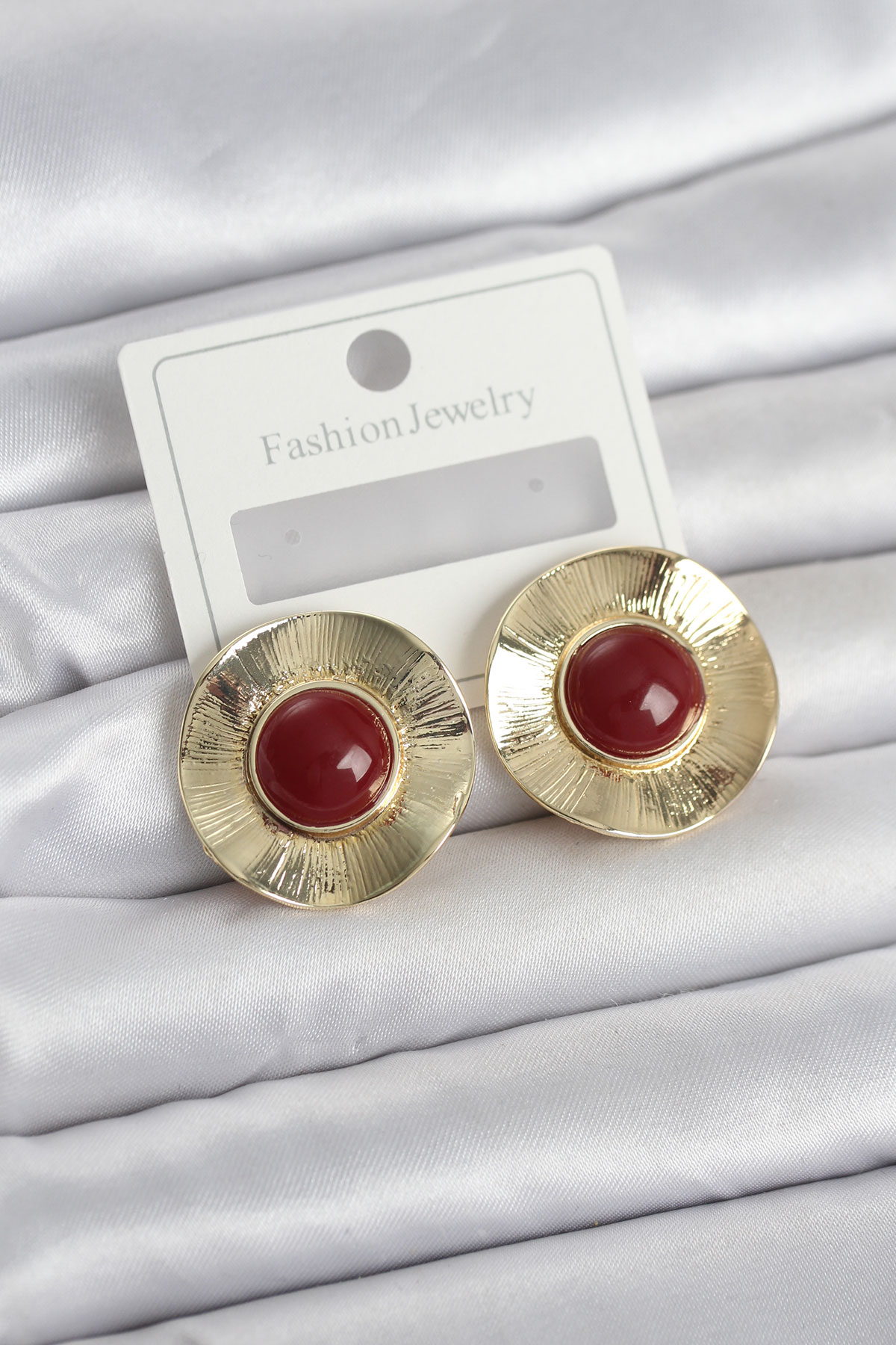 Tegan Vintage Model Bordo Gold Renk Pirinç Kadın Küpe TG27BKP11661 - Görsel 1