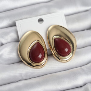 Tegan Pirinç Gold Renk Bordo Taşlı Damla Model Vintage Kadın Küpe TG27BKP11682