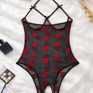 Tegan Öpücük Desenli Transparan Siyah Fantazi İç Giyim TM1385