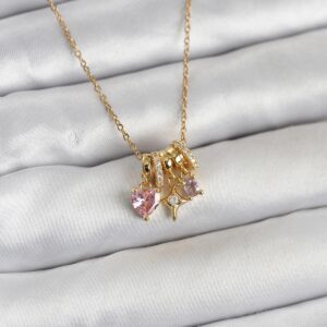 Tegan 316L Çelik Gold Pembe Zirkon Taşlı Charmlı Kadın Kolye TG27BKO11011