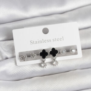 Tegan 316L Çelik Gümüş Renk Yonca Detaylı Kadın Küpe Seti TG27BKP11694