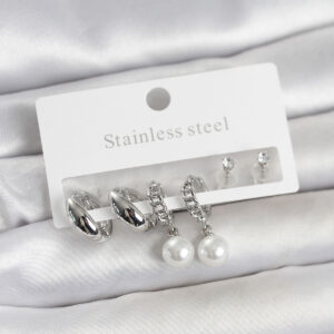 Tegan 316L Çelik Gümüş Renk inci Halka Detaylı Kadın Küpe Seti TG27BKP11696