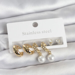 Tegan 316L Çelik Gold Renk inci Halka Detaylı Kadın Küpe Seti TG27BKP11697