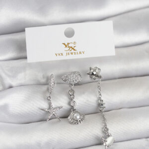 Tegan Pirinç Gümüş Renk Zirkon Taşlı Deniz Temalı 3'lü Kadın Küpe TG27BKP11702