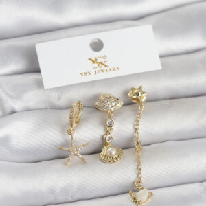 Tegan Pirinç Gold Renk Zirkon Taşlı Deniz Temalı 3'lü Kadın Küpe TG27BKP11703