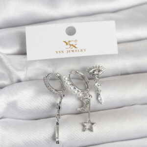 Tegan Pirinç Gümüş Renk Zirkon Taşlı Gece Temalı 3'lü Kadın Küpe TG27BKP11704