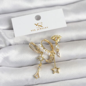 Tegan Pirinç Gold Renk Zirkon Taşlı Gece Temalı 3'lü Kadın Küpe TG27BKP11705