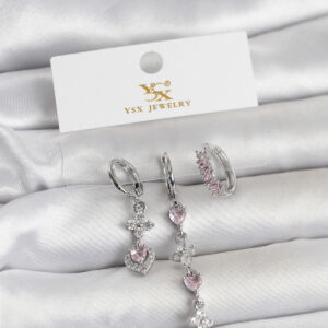 Tegan Pirinç Gümüş Renk Pembe Zirkon Taşlı 3'lü Kadın Küpe TG27BKP11706