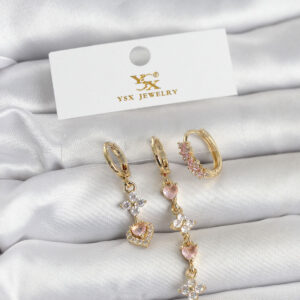 Tegan Pirinç Gold Renk Pembe Zirkon Taşlı 3'lü Kadın Küpe TG27BKP11707