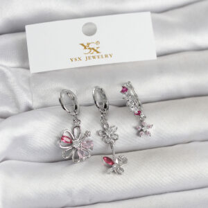 Tegan Pirinç Gümüş Renk Çiçek Model 3'lü Kadın Küpe TG27BKP11716