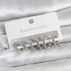 Tegan 316L Çelik Gümüş Renk Zirkon Taşlı Halka Model Kadın Küpe Seti TG27BKP11722