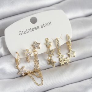 Tegan 316L Çelik Gold Renk 6'lı Set Zincirli Yıldız Modelli Kadın Küpe TG27BKP11748