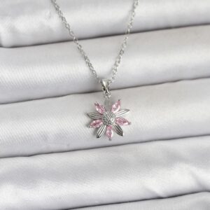 Tegan 316L Çelik Zincir Gümüş Renk Pembe Papatya Model Kadın Kolye TG27BKO11031