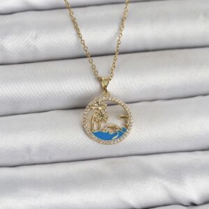 Tegan 316L Çelik Zincir Gold Renk Zirkon Taşlı Deniz Temalı Kadın Kolye TG27BKO11032