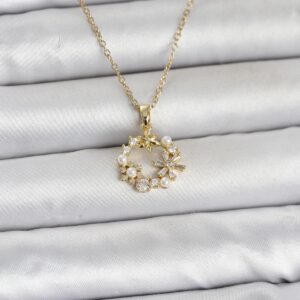 Tegan 316L Çelik Zincir Gold Renk İncili Çiçek Model Kadın Koyle TG27BKO11034
