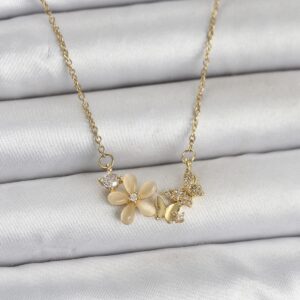 Tegan 316L Çelik Zincir Gold Renk Çiçek ve Kelebek Model Kadın Kolye TG27BKO11038