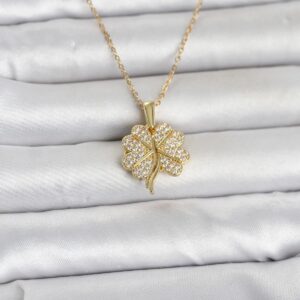 Tegan 316L Çelik Gold Renk Açılabilir Yonca Model Zirkon Taşlı Kadın Kolye TG27BKO11048