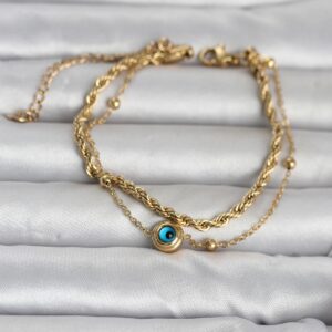 Tegan 316L Çelik Gold Renk Burgu Zincir ve Nazarlı Kadın Bileklik TG27BB8389