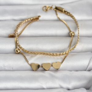 Tegan 316L Çelik Gold Renk Ezme Zincir ve Kalpli Kadın Bileklik TG27BB8390