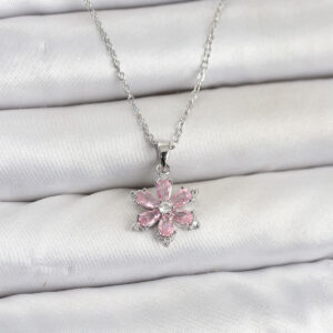Tegan 316L Çelik Zincir Gümüş Renk Pembe Zirkon Taşlı Lotus Model Kadın Kolye TG27BKO11064