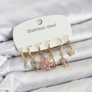Tegan 316L Çelik Gold Renk Pembe Zirkon Taşlı Lotus Detaylı Kadın Küpe Seti TG27BKP11886